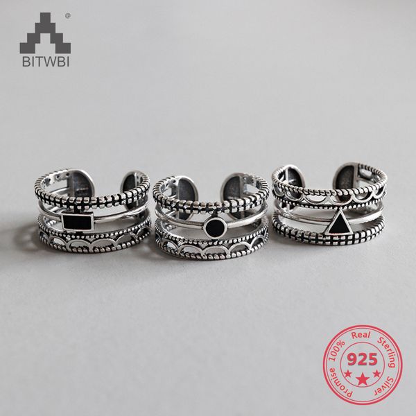 

s925 sterling silver personality retro carved glaze inlaid black zircon opening ring, Golden;silver