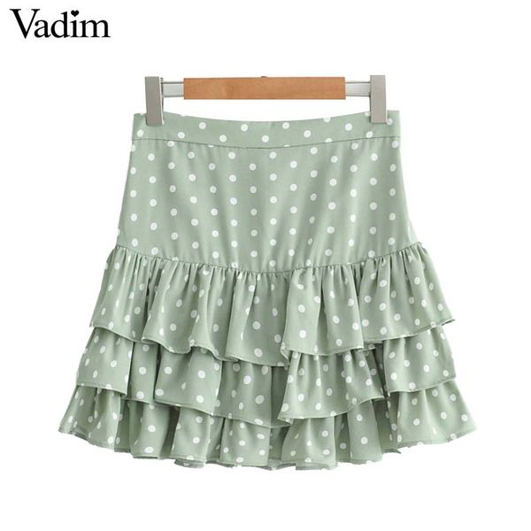 

vadim women polka dot print mini skirt sweet ruffles back zipper fly causal female a line cute skirts faldas mujer ba667, Black