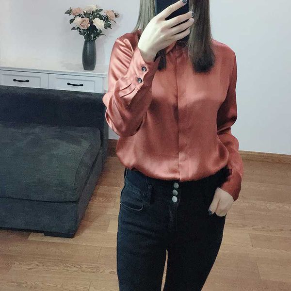 

женщины лето 100% шелк простой сплошной блузка с длинным рукавом офисная одежда повседневная натуральный шелк блузки печати реальные рубашки, White