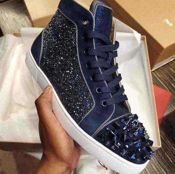 

luxury design sneaker men casual shoes spike shoes orlato men red bottom piks sneaker blue strass pik sneakers rivets toe high trainers rhi, Black