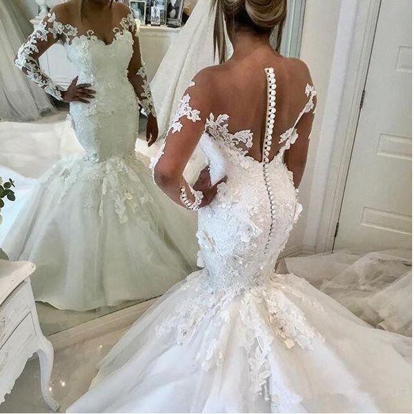 

mermaid wedding dresses long sleeve 2019 modest lace crystal sheer back wedding gowns with sweep train, White