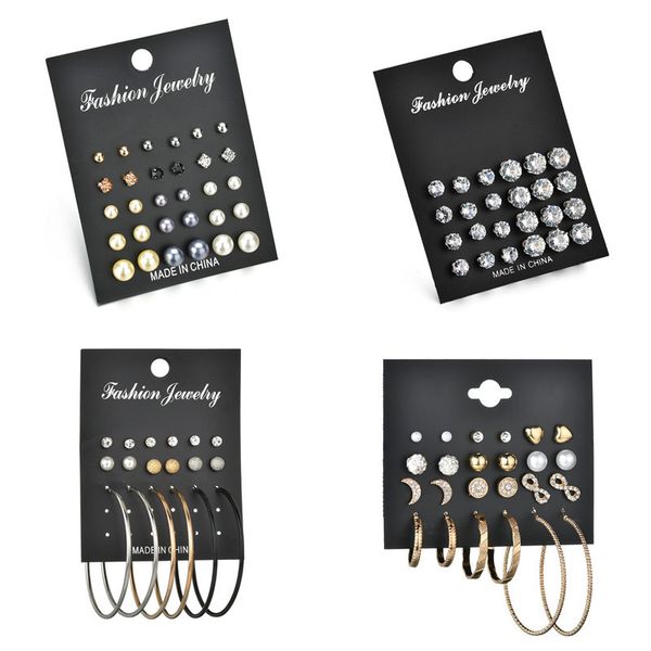 

modyle 2019 new 15 pairs/set simulated pearl earrings set female jewelry gold and silver color crystal stud earrings for woman, Golden;silver