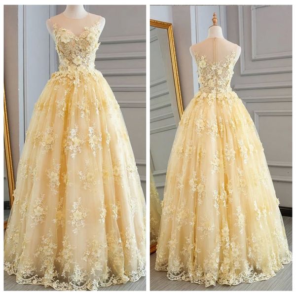 

decent sheer neck yellow prom dresses with sweep train lace applique a line evening gowns tiered tulle women evening dress for party, Black