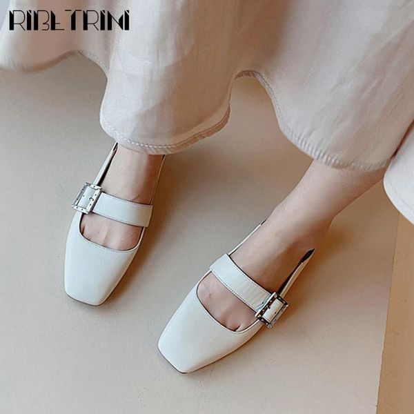 

ribetrini fashion lady low heel buckle belt square toe mixed color genuine leather shoes woman pumps women pumps, Black
