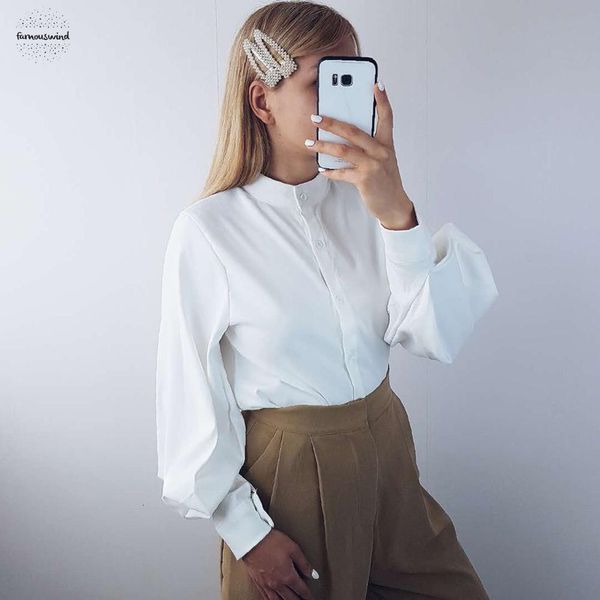 

2019 блуза весна осень нового стенд воротник элегантных solid stand collar свободного фонарь втулка вскользь винтажные топы дам, White