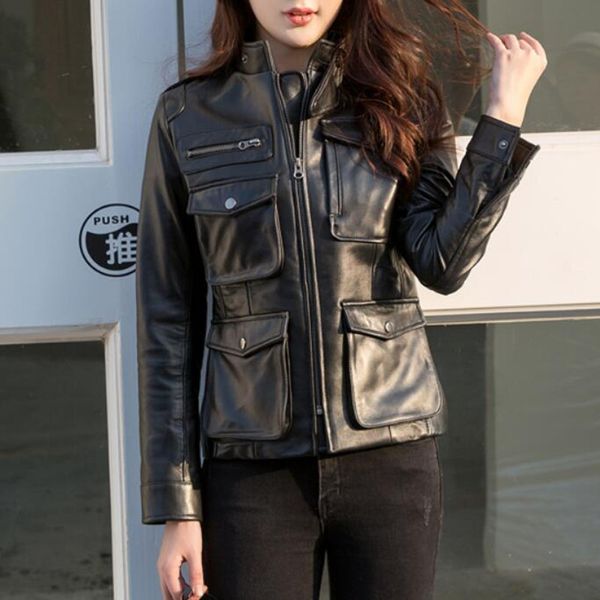 

womens genuine leather jacket coat real sheepskin gothic slim fit black autumn winter pockets design motorcycle female plus size