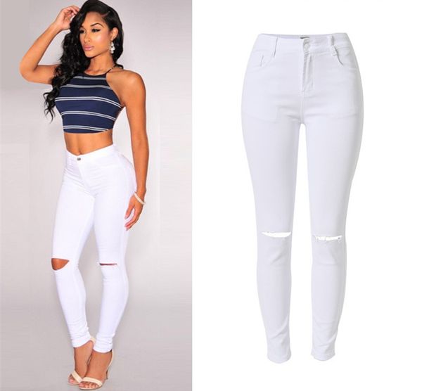 

fashion high waist jeans woman femme stretch white pencil pants denim with pockets skinny ripped jeans for women, Blue