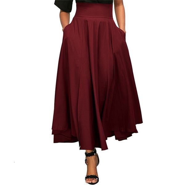 

women skirts wide zip back waistband swing skirts fashion solid color high waist maxi skirt double pocket lace up a line skirt, Black