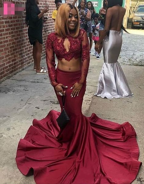 

burgundy mermaid prom dresses long sleeves lace appliques with beads robe de soiree satin formal dresses, Black