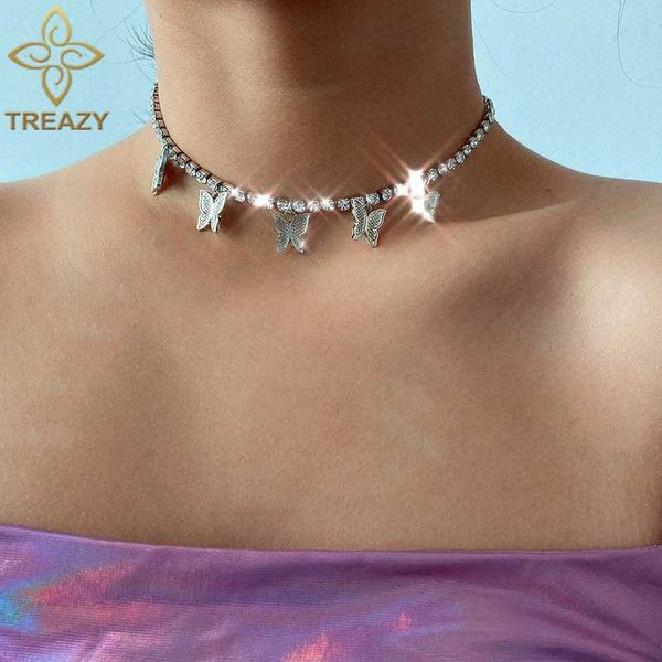 

treazy 2020 trendy tennis chain butterfly pendant necklace for women bling pink/clear crystal statment choker necklace jewelry, Golden;silver