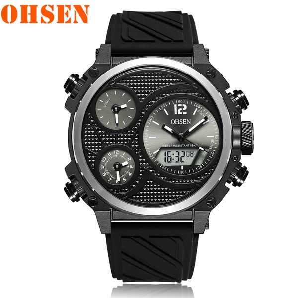 

ohsen brand big dial dual display army man watches black gray rubber band plastic shell men male quartz watch wristwatches clock, Slivery;brown