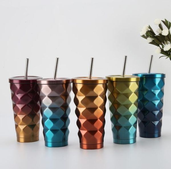 

500ml 304 stainless steel personalized pineapple straw cup portable car thermal insulation cup gift cup 6889