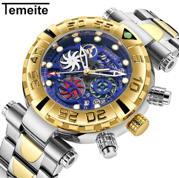 

temeite watches men business casual golden creative hollow quartz watch waterproof military wristwatches male chronograph clock, Slivery;brown