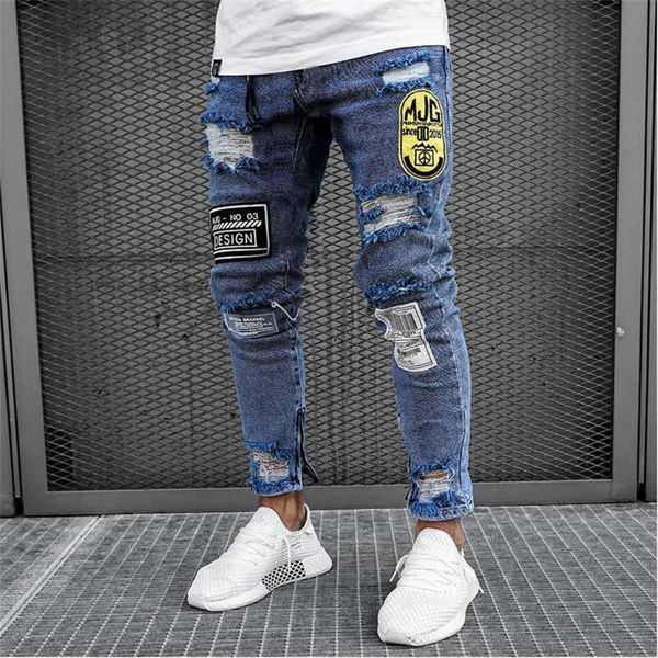 

new men's zipper slim skinny jeans stretchy ripped biker embroidery print destroyed jeans homme men jean trousers, Blue