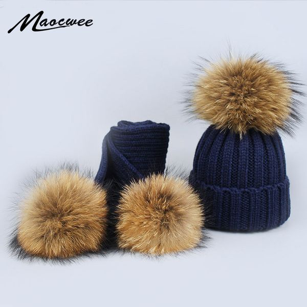 

new 2 pieces set children winter hat scarf for girls hat real raccoon fur pom pom beanies woman cap knitted winter wholesale, Blue;gray