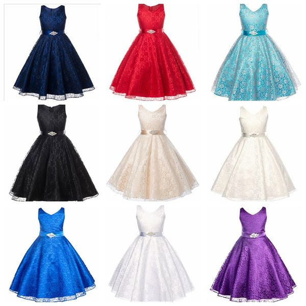 

girl wedding dress sleeveless girl's lace princess dress children skirt with rhinestone belt kids boutique clothes, Red;yellow