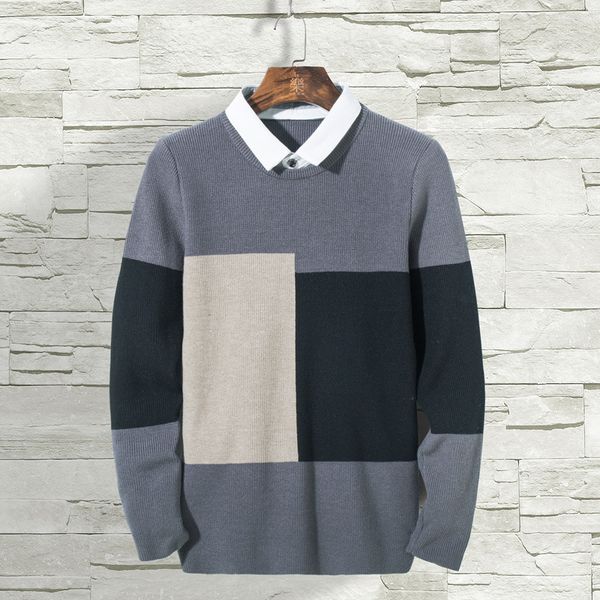

new brand fake two pieces sweater men fashion patchwork slim fit knitted pullover men matching block bottoming sweater plus size, White;black