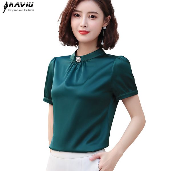 

2020 new fashion stand collar shirt women summer short sleeve blouses elegant formal wear plus size, White