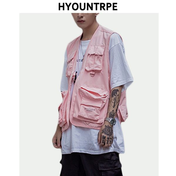 

hip hop loose vest sportswear mens pink cargo waistcoat with pockets jacket coat streetwear tactical vests sweatshirts, Black;white