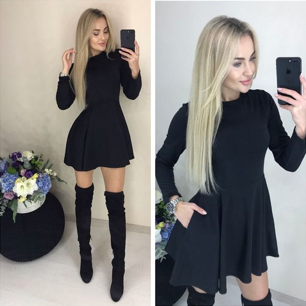

2019 Spring New Casual Women O-neck Fit and Flare Pockets Long Sleeve Vintage Mini Cute Party Dress Black Red color Vestidos
