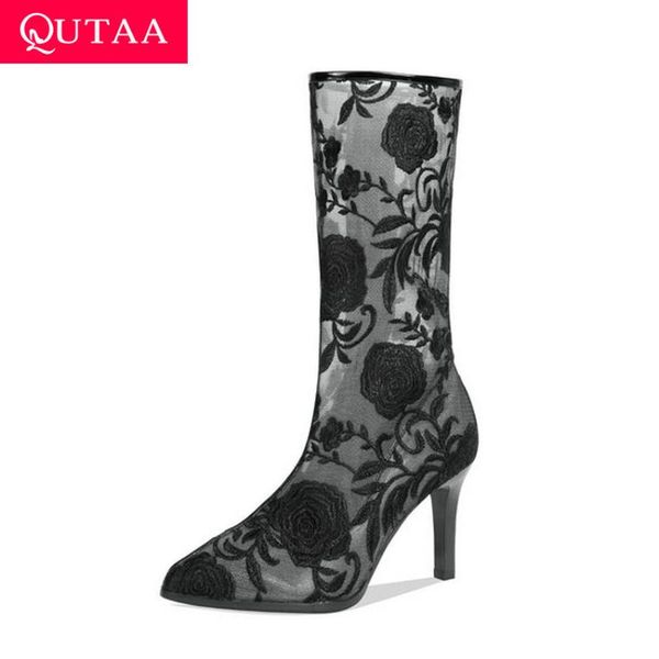 

qutaa 2020 mesh embroidery flower women shoes pointed toe zipper women pumps thin high heel fashion mid calf boots size 34-39, Black
