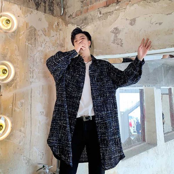 

men long sleeve vintage fashion loose casual long plaid shirt coat male women streetwear hip hop cardigan jacket outerwear, White;black