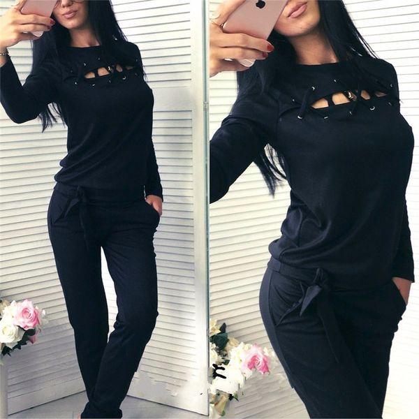 

women sportswear autumn hollow bandage solid tracksuits o-neck long sleeve sweatshirt and pant running two piece set sports suit, Black;blue