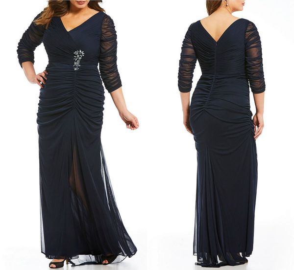 

dark navy mother of the bride dresses v neck crystal ruffles wedding guest dress custom plus size elegant formal party gowns long sleeve, Black;red