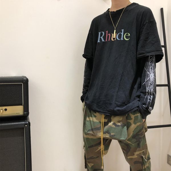 

rhude worn washed spider web color letter print long sleeve t-shirtl fashion men and women couple comfortable designer shirt hfwptx364, Black