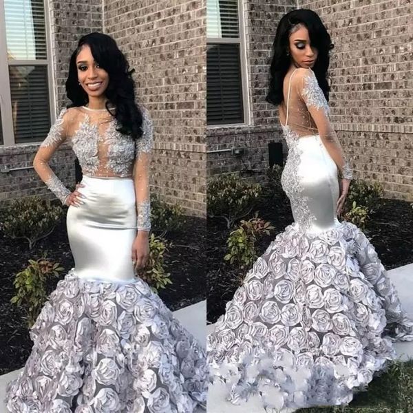 

mermaid silver jewel neck prom dresses long sleeve tulle applique with satin petal power cascading ruffles flowers party evening dress, Black