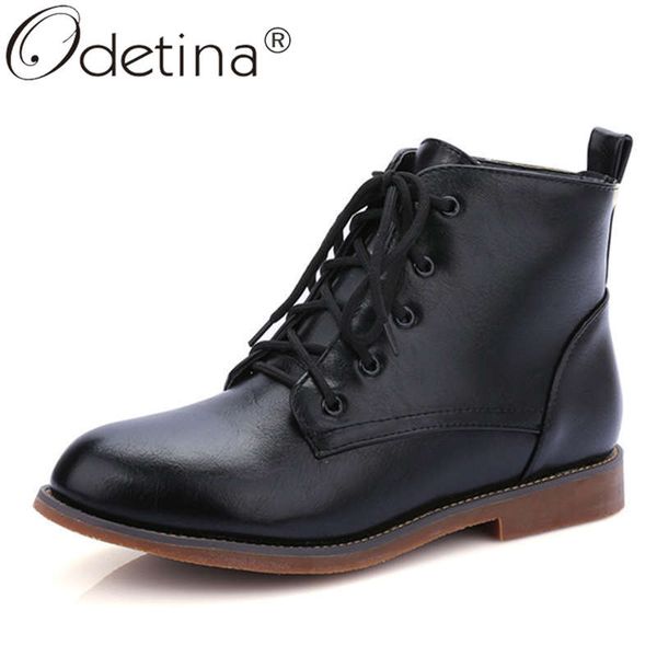 

odetina women fashion winter sewing lace up ankle boots ladies block chunky heel cross-tied round toe concise short boots, Black