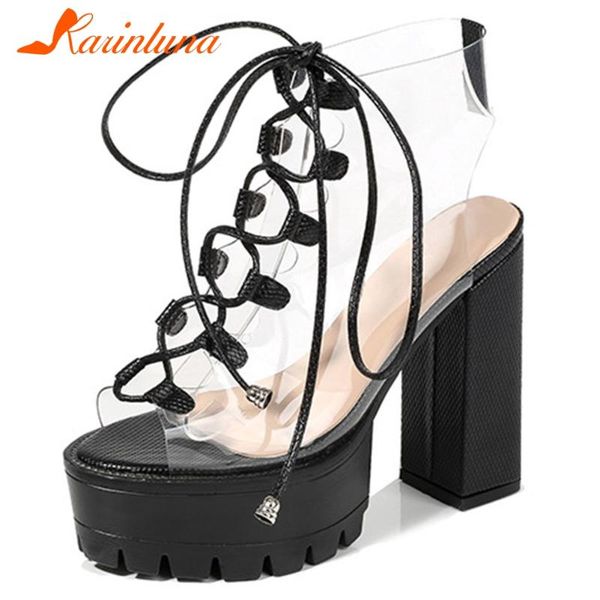 

karin 2020 new arrivals pvc ins sandals woman shoes square high heels platform lace up summer shoes women sandals lady, Black