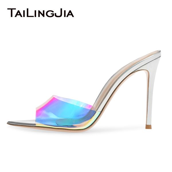 

transparent pvc high heel mules sandals 2020 stylish stiletto heeled clear shoes lady pointed toe large size slipper sandal shoe, Black
