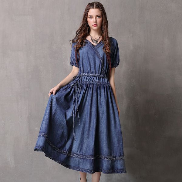 

brand women's 2020 summer new short-sleeved denim skirt national wind big yards pleated drawstring dress 82082