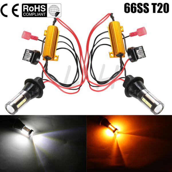 

new 2x dc 12-24v t20 7440 66smd 30w car led light dual color switchback turn signal lamp bulb daytime running light drl canbus