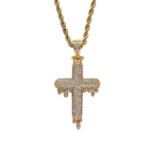 

hip hop czirconia paved bling iced out water drop cross pendants necklace for women men rapper jewelry gold silver color