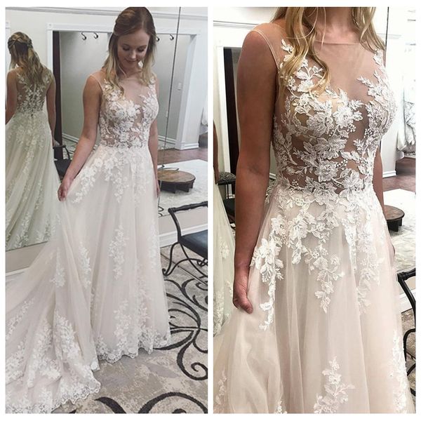 

нежный совок рукавов-line flowy свадебные платья кружева аппликации развертки поезд слоновой кости свадебные платья видеть сквозь кружева св, White