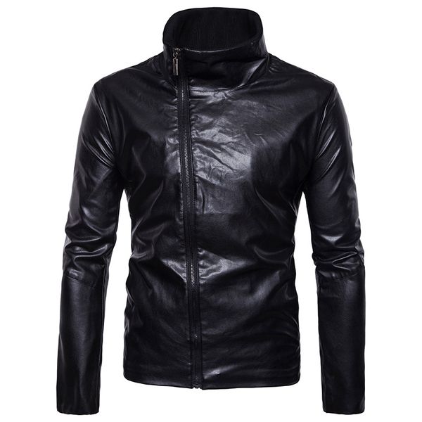 

2018 autumn and winter new style selling men locomotive oblique zipper men's leather clothing stand collar leather coat jack, Black
