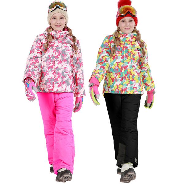 

2019 winter ski suit for girls fleece hooded kids snow sets jacket overalls windproof outdoor sport children clothing sets