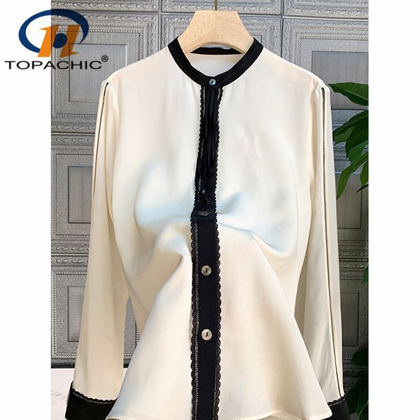 

1.11 2020 new women 100% silk shirt fashion temperament o-neck single breasted contrast color patchwork lace elegant blouse, White