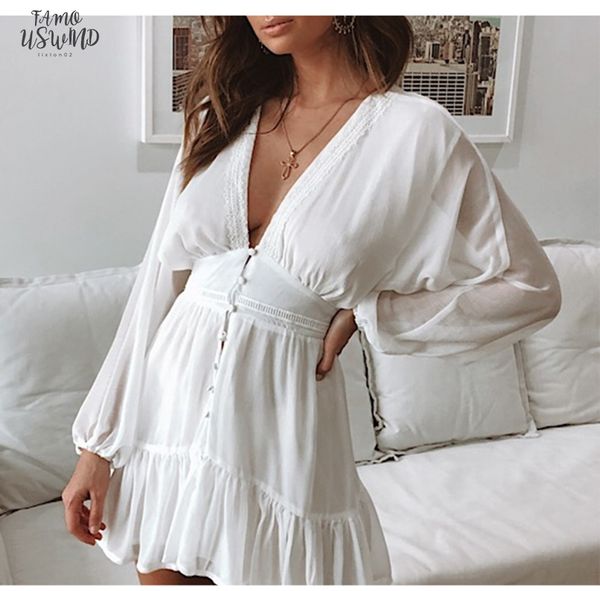 

plunge v neck womens autumn dress white lace long sleeve mini party dress 2020 ruffle elegant winter clothing, Black;gray