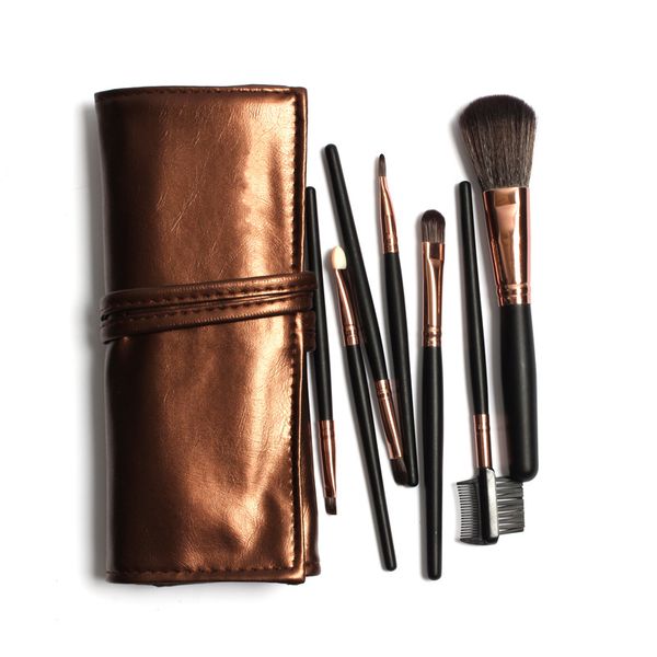 

2019 professional 7pcs protable makeup brushes set kit in sleek golden leather bag portable make up brushes