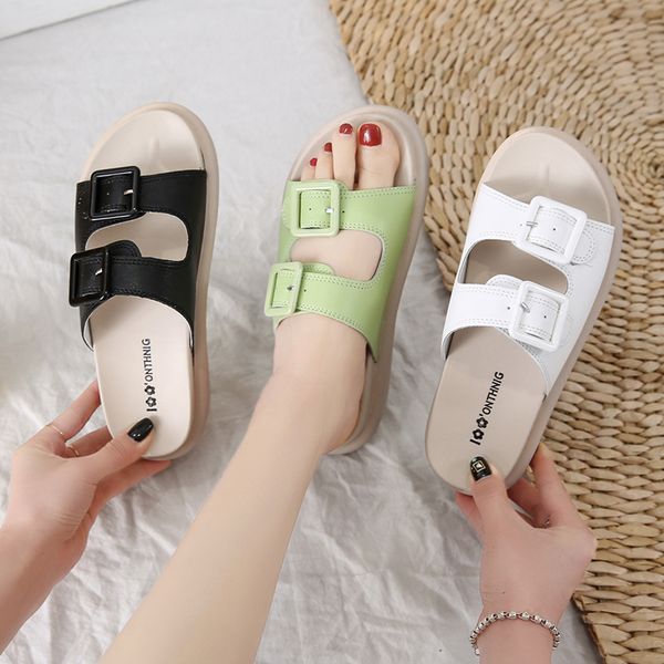 

shoes women slippers summer slides pantofle fashion platform soft flat 2020 luxury buckle strap rubber pu shoes women, Black
