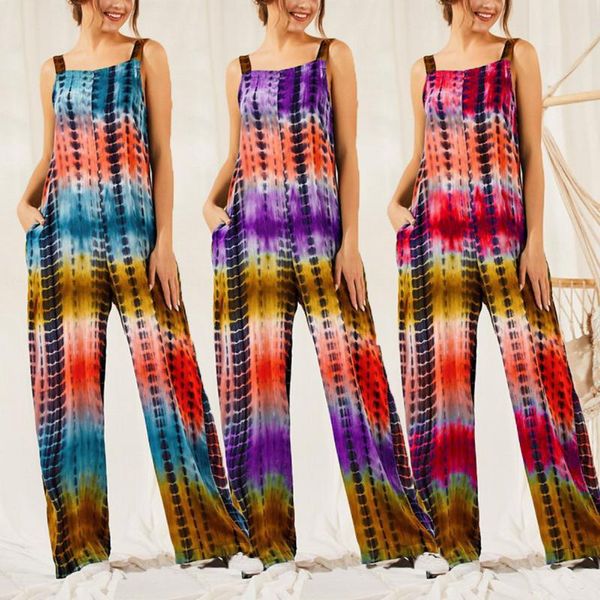 

women overalls loose jumpsuits summer clothes dungarees ladies casual cami romper baggy playsuit print tie dye new beachwear, Black;white