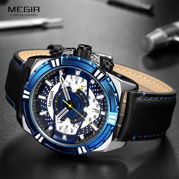 

megir 2019 men's chronograph sport watches leather strap quartz watch man relogios masculino clock brand 2118 blue, Slivery;brown