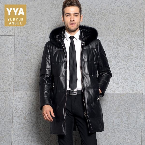 

brand mens winter fur collar hooded long down jacket business man genuine leather outwear coats zip warm windbreaker trench, Black