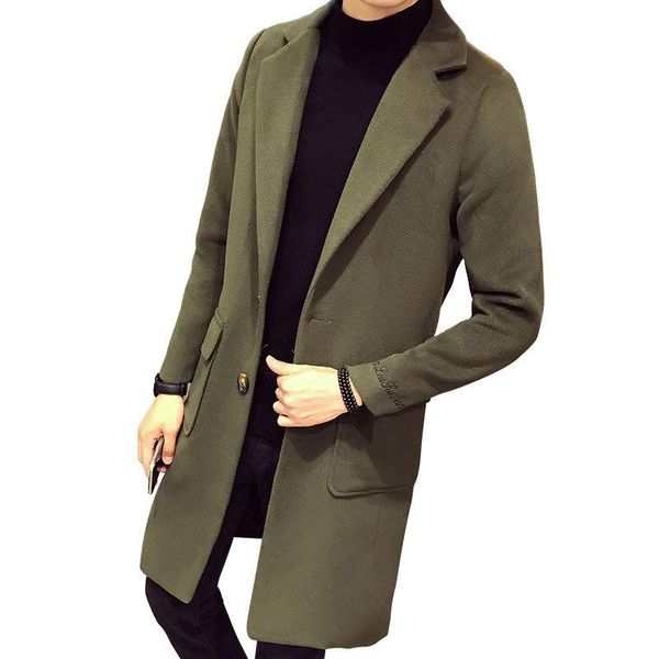 

повседневная мода мужчины кашемир пальто с широкой талией длинный рукав длинный мужской шерстяной жакет твердые карманы пальто и куртка, Black