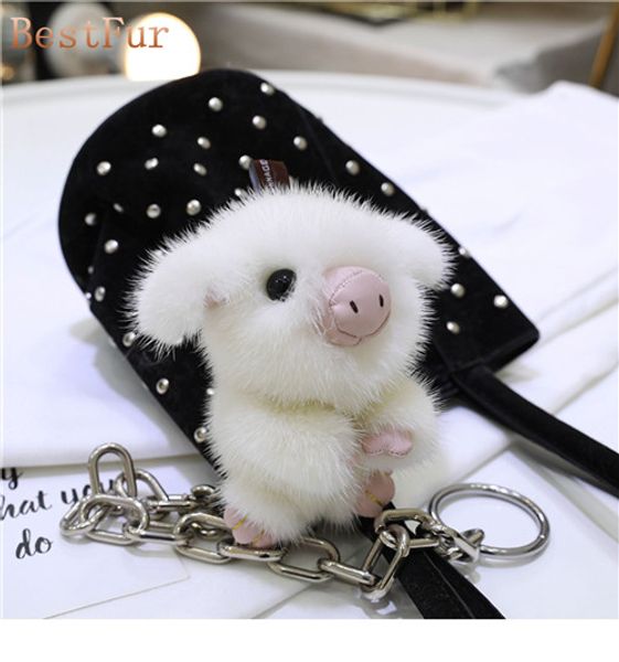 Bonito real Genuine Fur Pig Piggy Toy Chaveiro Bolsa Chaveiro Car Telefone presente Pandent