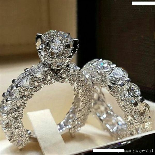 

sparkle women 925 sterling silver natural white sapphire diamond birthstone ring set engagement promise wedding bride jewelry size 5-12