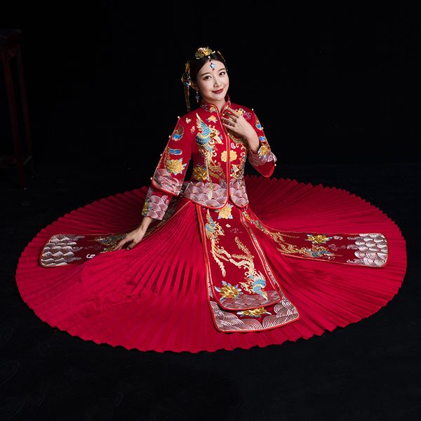

bride embroidery cheongsam vintage chinese style wedding dress toast clothing lady phoenix gown marriage qipao red clothes